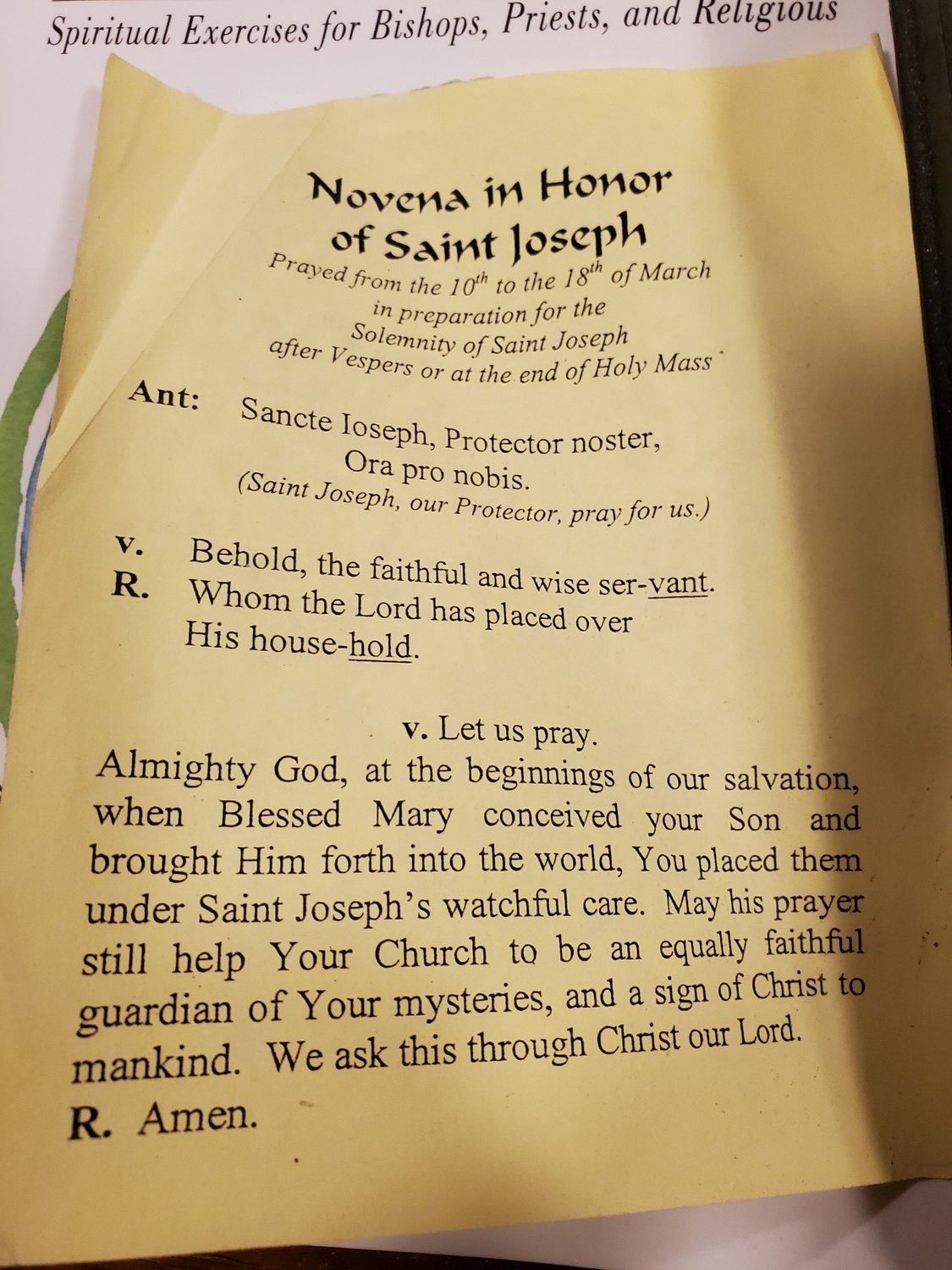 This sheet of paper recently fell out of Bishop W. Shawn McKnight's breviary, inspiring him to pray a St. Joseph novena with the people of the Jefferson City diocese in the days leading up to the Solemnity of St. Joseph, Husband of Mary (March 19).